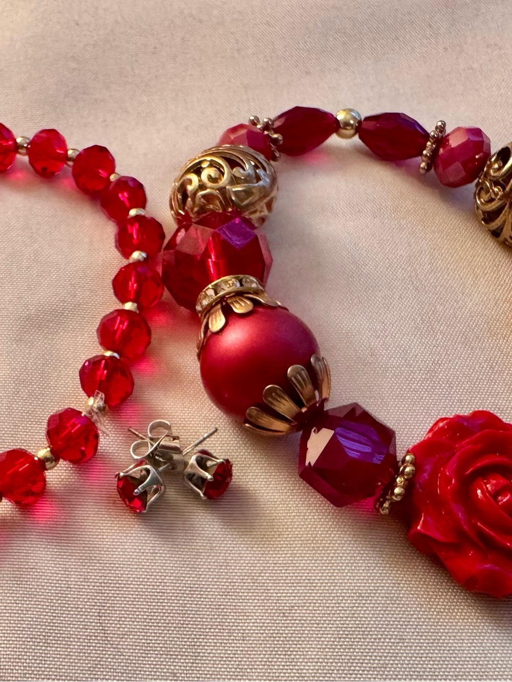 Red statement jewelry bundle- 2 bracelets and crystal stud earrings
